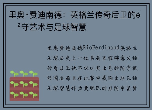 里奥·费迪南德：英格兰传奇后卫的防守艺术与足球智慧